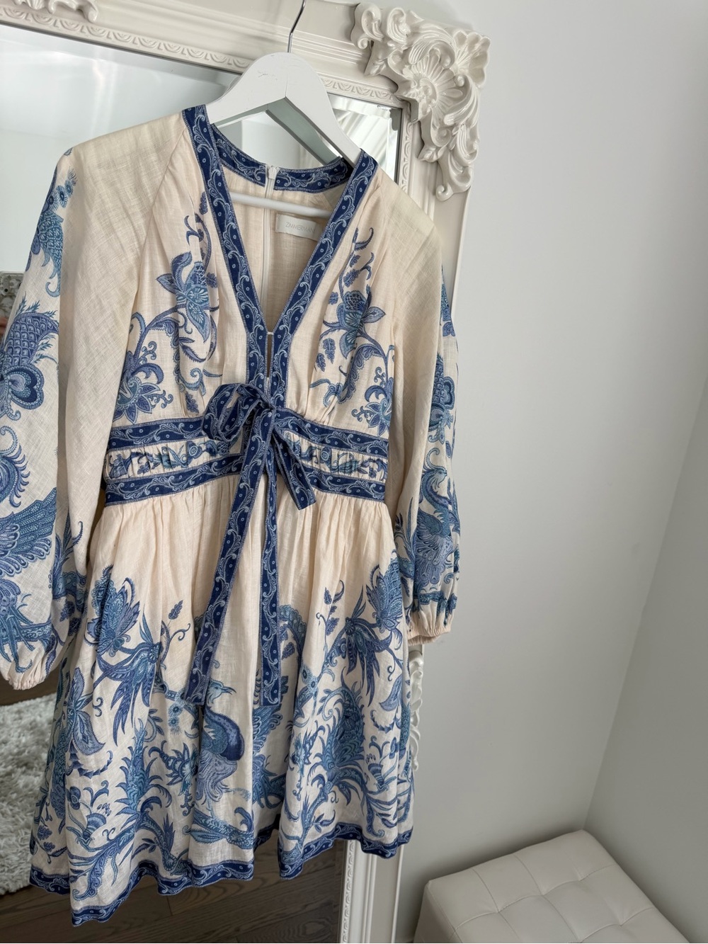 Zimmermann 2 Blue & Cream Floral Embroidered Tie-Front Mini Dress